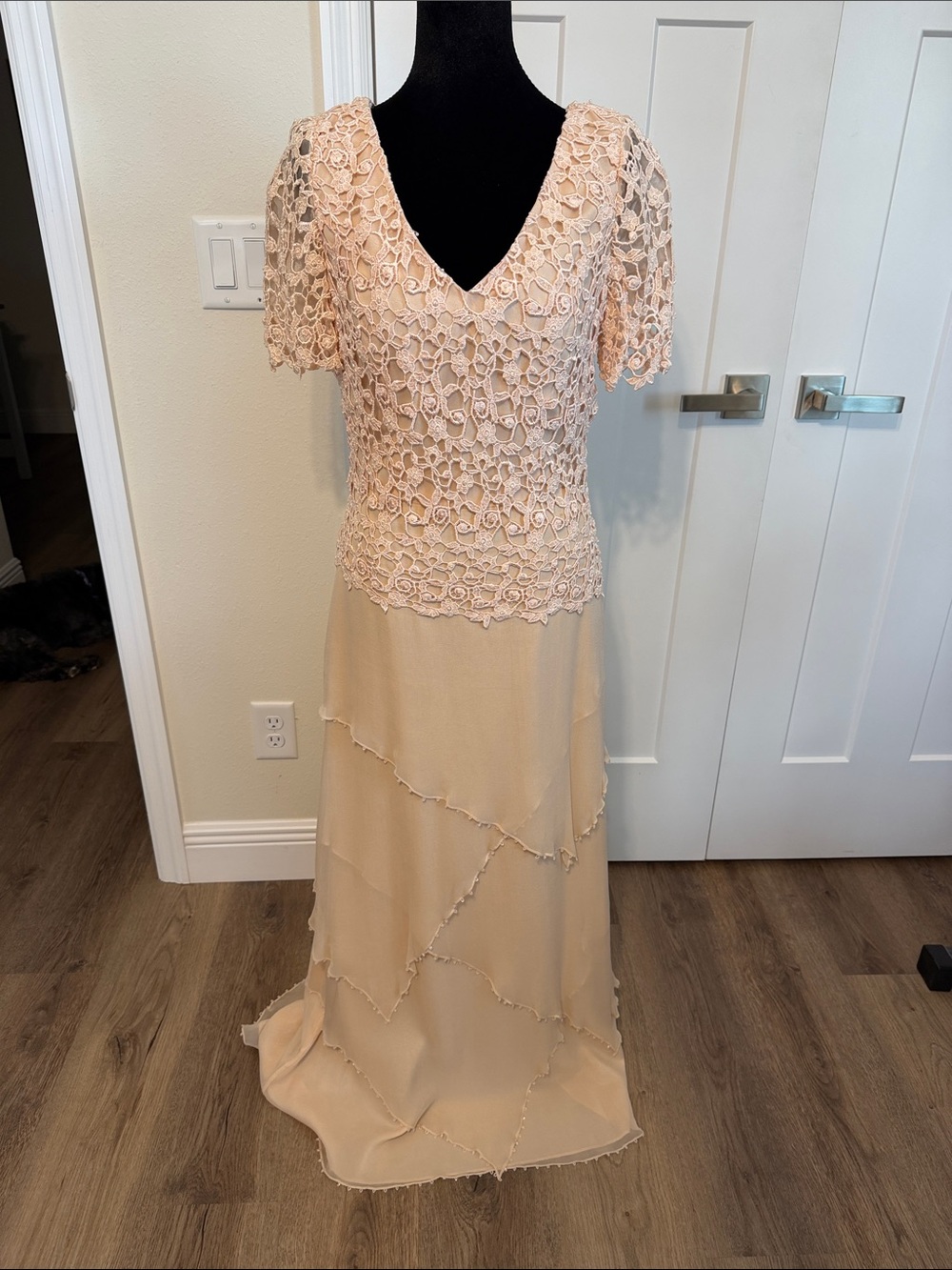 Montage by Mon Cheri Blush Lace & Chiffon V-Neck Gown
